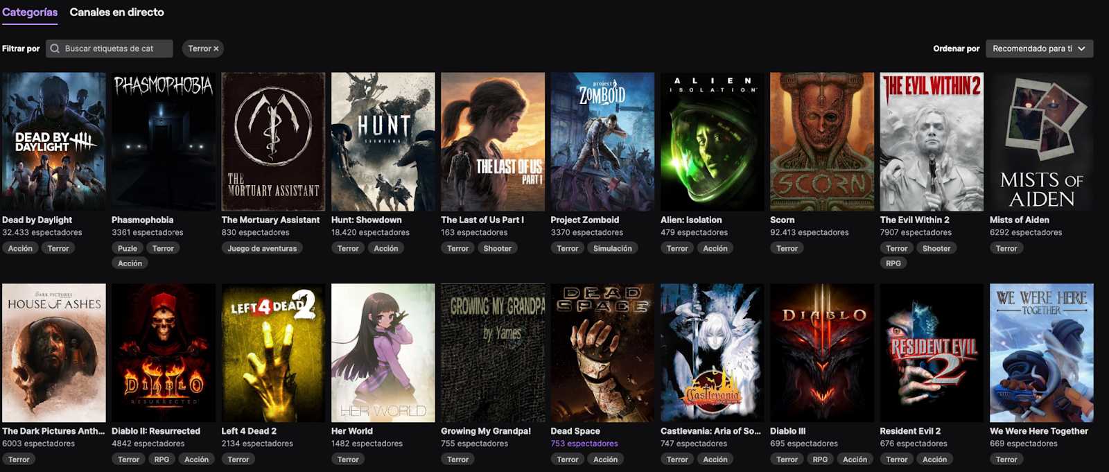 Twitch Terror Categorías 2