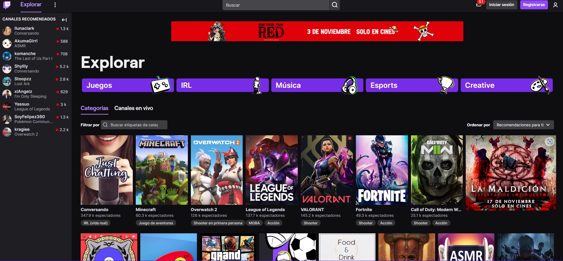 Twitch Terror categorías